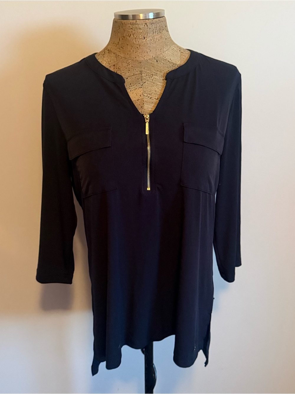 Ellen Tracy Navy Zip-Front Tunic with Gold Hardware